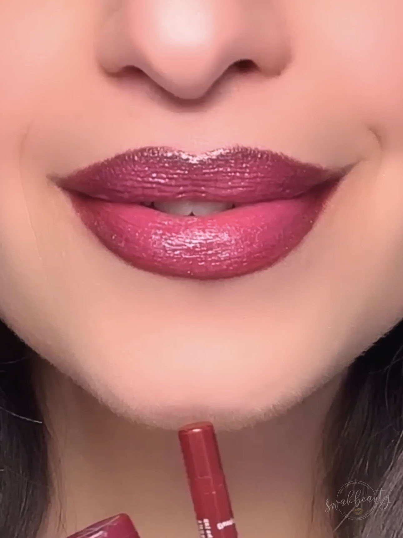 Boysenberry and Drama Queen lip combo with Pink Prism Gloss front view